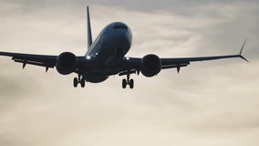 Front view silhouette of passenger airplane flies overhead landing in slow motion. Close-up of aircraft flying with landing gear lands in evening cloudy sky, sunset clouds - Powered by Shutterstock - Get 15% off with code: PIKWIZARD15