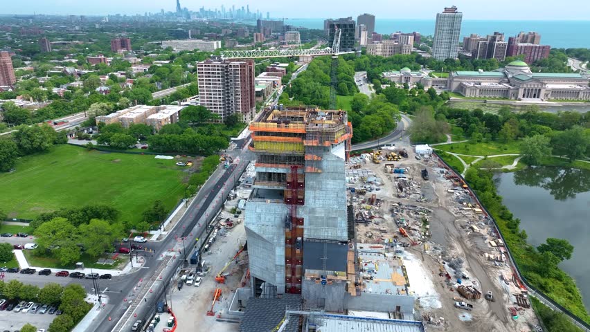 Drone aerial view of Obama Presidential Library construction site in Chicago