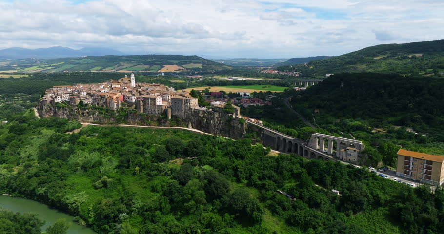 Medieval Town Of Orte In Tuscia Area of Lazio Along Tiber River In Italy. Aerial Drone Shot