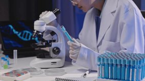 Scientist analyzing samples under a microscope in a modern laboratory. Laboratory equipment, dna models, and scientific research in focus with a concentrated scientist at work - Powered by Shutterstock - Get 15% off with code: PIKWIZARD15