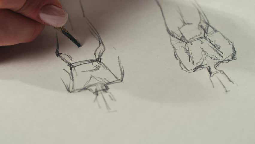 Young woman designer is drawing some clothes by pencil using ruler on white paper . The costume fashion designer making sketches for the work projects close-up. Drawing and sketching lessons