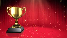 The video features a golden trophy on a pedestal, with glittering confetti and spotlights enhancing the celebratory atmosphere, symbolizing achievement and victory. - Powered by Shutterstock - Get 15% off with code: PIKWIZARD15