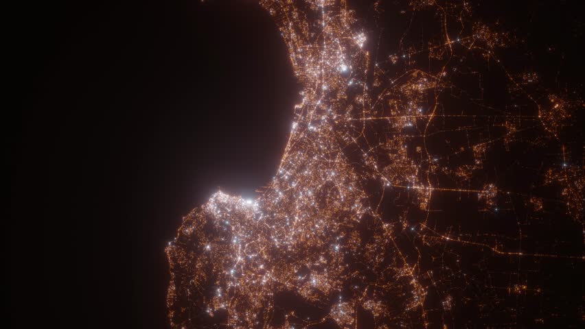 Algiers (Algeria) aerial view at night. Top view on modern city with street lights. Camera is zooming out, rotating clockwise. Vertical video. The north is on the left side