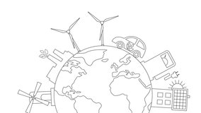 Animated linear black icon of green energy city on circle planet. Line symbol. Concept of Sustainability, environment, renewable energy, green technology. Illustration isolated on white background.  - Powered by Shutterstock - Get 15% off with code: PIKWIZARD15