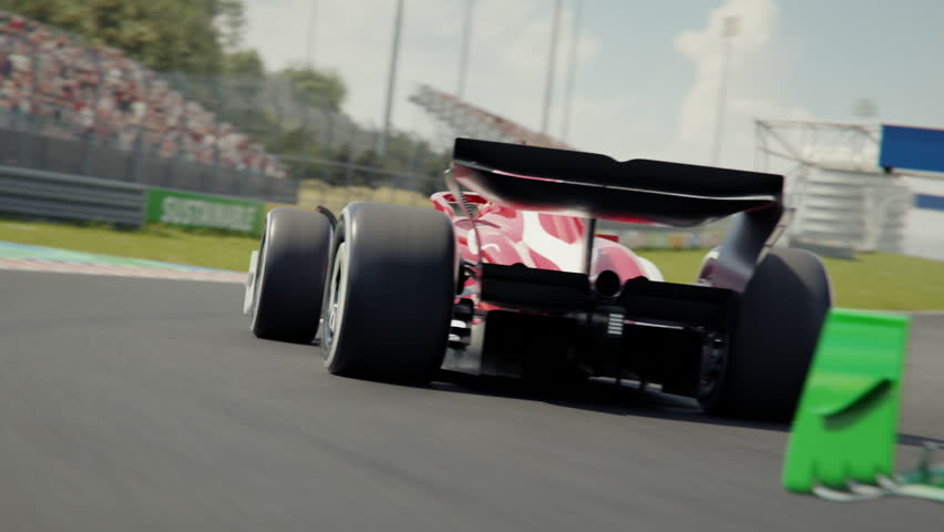 Dynamic drone shot following two generic formula one race cars. Low angle view. Drone moving from side to side. 3D animation rendering