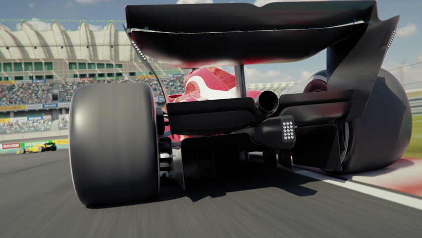 Race car POV shot following and trying to overtake a generic formula one race car. High quality 3d animation