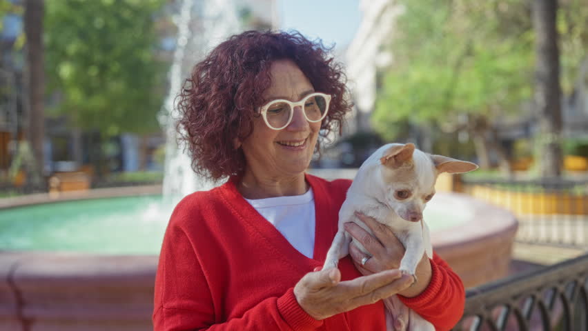 Mature woman wearing glasses holding a chihuahua in an urban park with a fountain on a sunny day