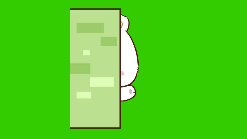  Animated Cute Polar Bear Saying Hello Behind a Wall - Green Screen