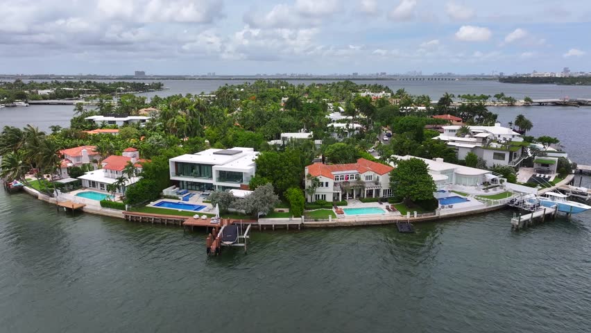 Millionaire mansions on Venetian Islands, Miami, Florida. Aerial over luxurious community neighborhood in Biscayne Bay.