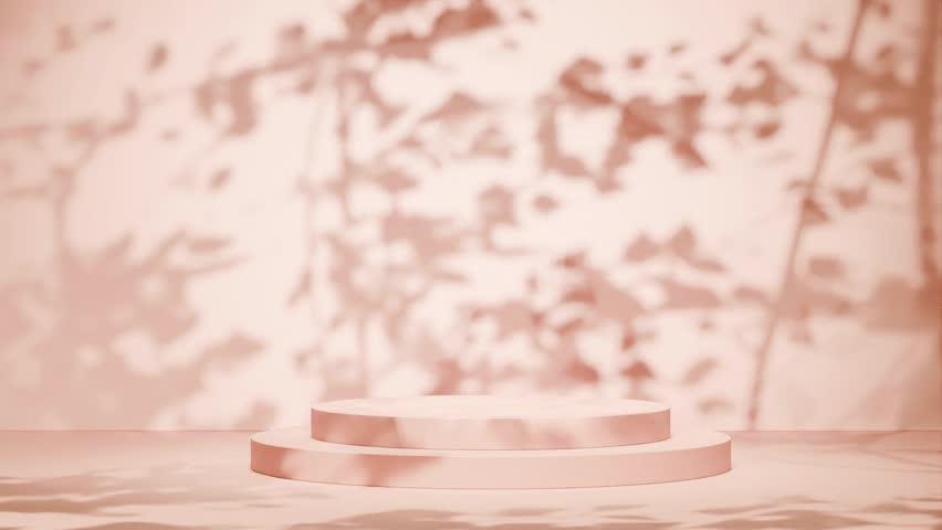 Empty pink podium with shadows of leaves on a yellow background. Elegant and romantic decor concept. Design for banner, poster, wallpaper, Template with copy space.