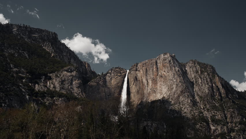 Scenic view of Lower Yosemite Falls in USA, California during daytime with clouds in the sky