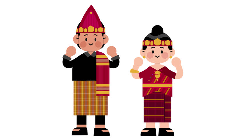 Male and Female Cartoon Bataknese Traditional Dance Loop Animation
