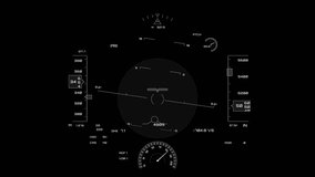Black and White Aviation Cockpit Controls HUD Interface, Aircraft Navigation Display Animation, flight instruments, navigation data, and aircraft control indicators. pilot training simulations. - Powered by Shutterstock - Get 15% off with code: PIKWIZARD15