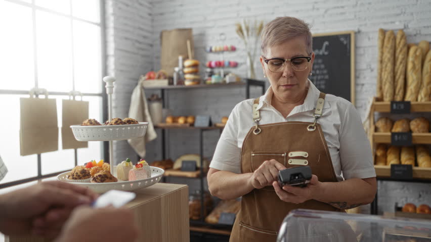 Woman cashier working in bakery shop processing payment from customer using card reader at wooden counter with bread and pastries displayed
