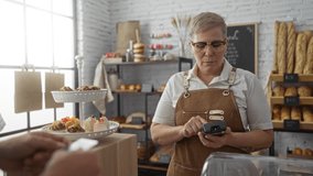 Woman cashier working in bakery shop processing payment from customer using card reader at wooden counter with bread and pastries displayed - Powered by Shutterstock - Get 15% off with code: PIKWIZARD15