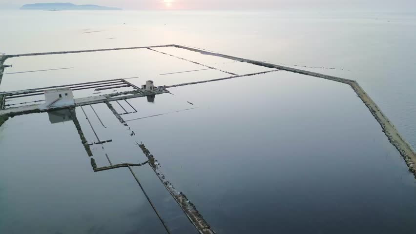 Saline di Trapani Top Aerial, Wet Watered Salt Fields pond Landscape in Sicily Italy
