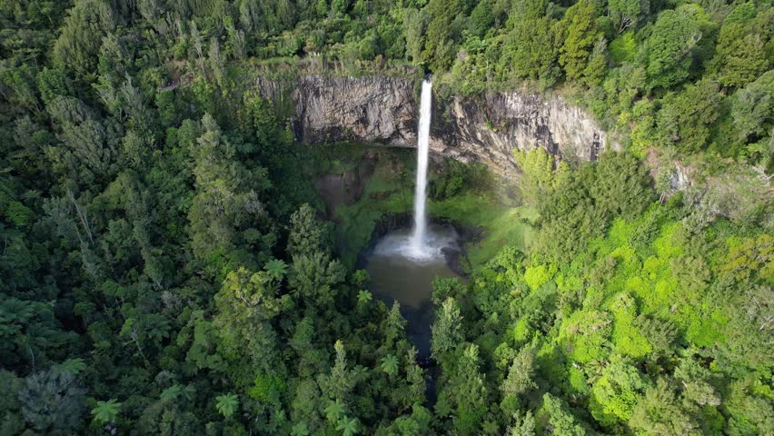 Breathtaking View Of Bridal Veil Falls Near Raglan, Waikato, North Island, New Zealand. Aerial Shot