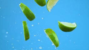 Flying limes, lime slices. Fresh ingredients for cooking, coctails. High quality cinematic studio commercial super slow motion 1000fps fresh vegetables moving up and down. - Powered by Shutterstock - Get 15% off with code: PIKWIZARD15