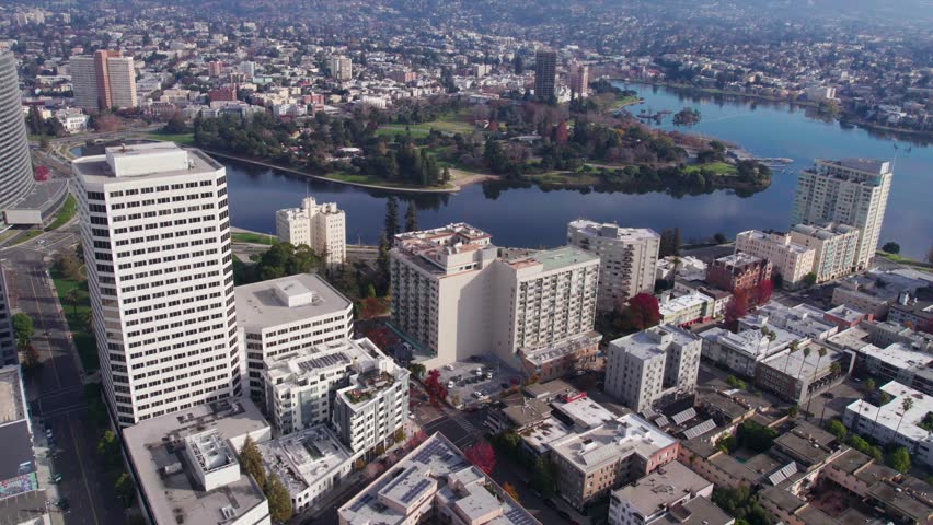 Oakland CA USA, Aerial View of Lake Merritt, Bonsai Garden Park and Apartment Buildings