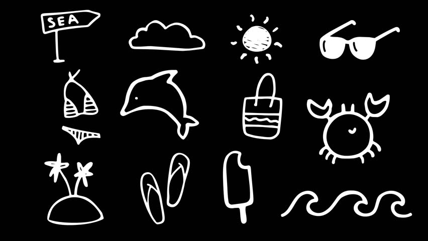 Animated Set of Summer Doodle Icons: Road Sign, Cloud, Sun, Sunglasses, Bikini, Dolphin, Beach Bag, Crab, Island, Flip-Flops, Ice cream, Wave. Loop 4K Video on Transparent Background, Alpha Channel.