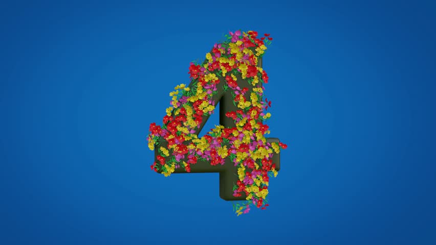 3d number four moving right and left designed in colorful floral style on blue background. Figure animation is equipped with luma mate. 3D rendering for numeracy education