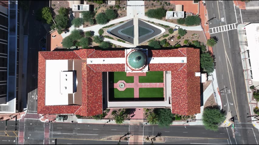 Aerial drone view of Pima County Courthouse in Downtown Tucson, Arizona.