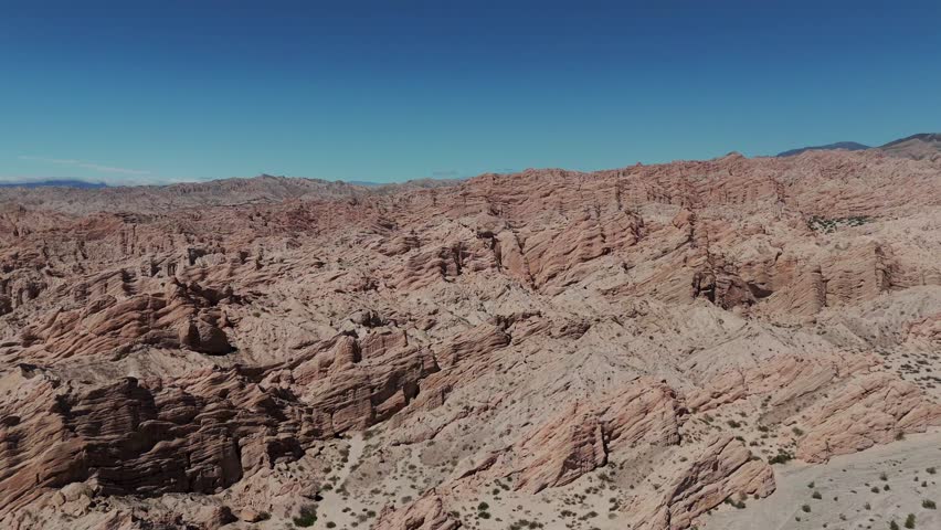 Drone view in 4K of Quebrada de las Flechas, a stunning geological formation in Salta Province, Argentina.