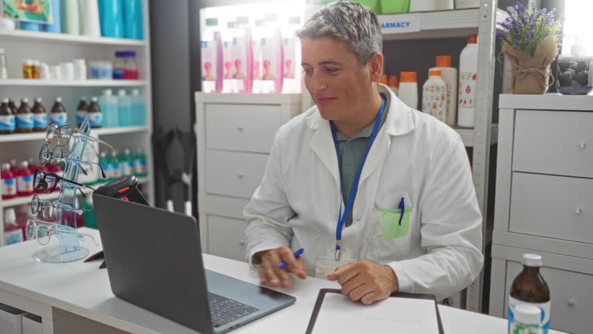 Young man pharmacist working in a pharmacy, writing notes while using a laptop with pharmaceutical products on shelves behind