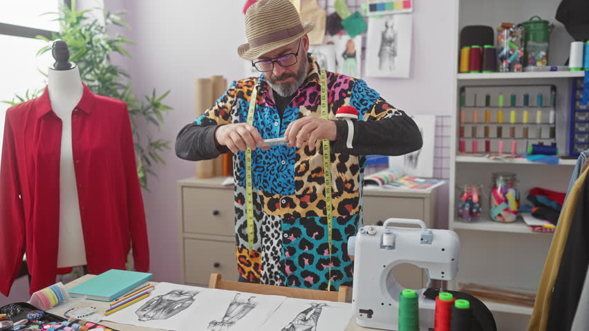 Stylish man with beard taking photos in a colorful design studio, surrounded by fashion sketches, fabrics, and sewing equipment.