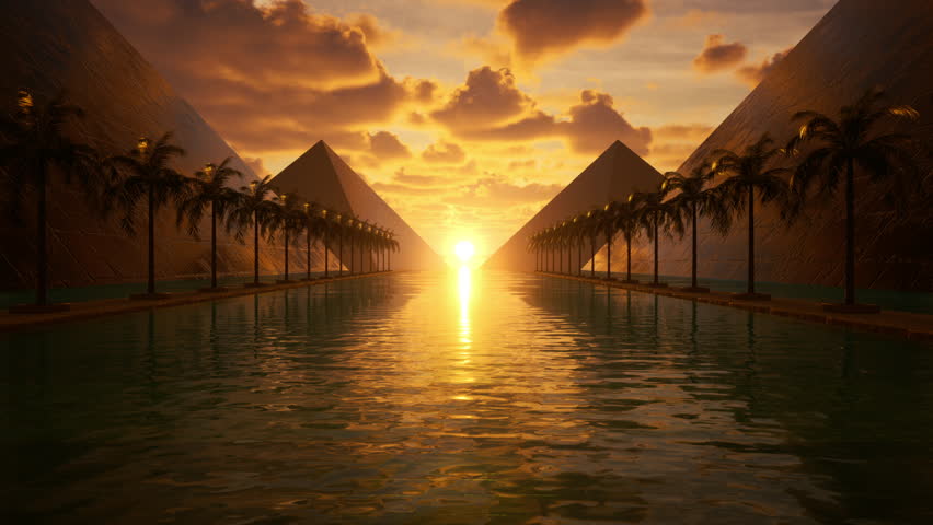 Fantastic sunset with pyramids on the water and an avenue of palm trees. Cinematic background 