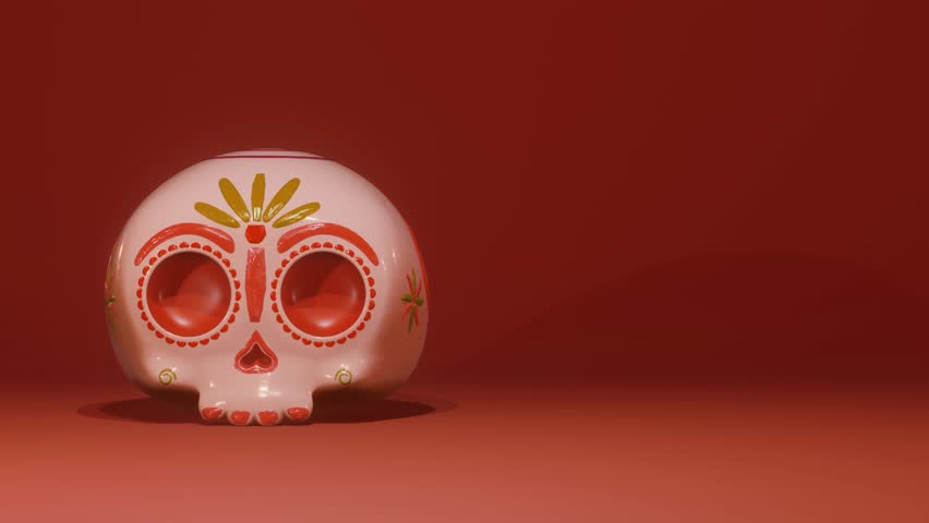 A detailed sugar skull representing the Day of the Dead, featuring colorful and intricate patterns on a glossy surface.
