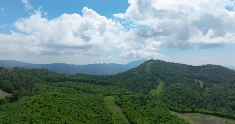 Cinematic aerial view of the Blue Ridge Mountains in Shenandoah National Park along the Blue Ridge Parkway in the Appalachian Mountains on a sunny Summer day with green grass and trees in wide shot.