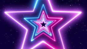 Vibrant neon glowing tunnel star shapes in pink and blue against a dark background with sparkling lights and particles. Seamless loop motion - Powered by Shutterstock - Get 15% off with code: PIKWIZARD15
