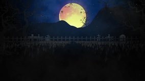 Halloween background concept, Spooky graveyard scene with a full moon, bats flying, and eerie silhouettes of trees and gravestones on a night. Motion 4K - Powered by Shutterstock - Get 15% off with code: PIKWIZARD15