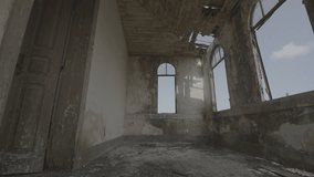 Abandoned empty room with arch windows, broken roof and stone walls with textures due to mold and humidity (S-Log 3, ProRes 422HQ, 4K) - Powered by Shutterstock - Get 15% off with code: PIKWIZARD15