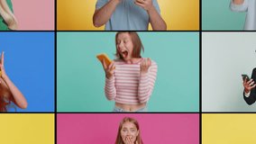 Collage of smiling happy people portraits diverse gender, different ages, ethnicity. Men women use mobile smartphone celebrating win good message news, lottery game jackpot victory. Zoom out effect - Powered by Shutterstock - Get 15% off with code: PIKWIZARD15