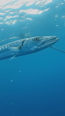 A large fish is swimming in the ocean. The water is blue and clear. The fish is looking at the camera