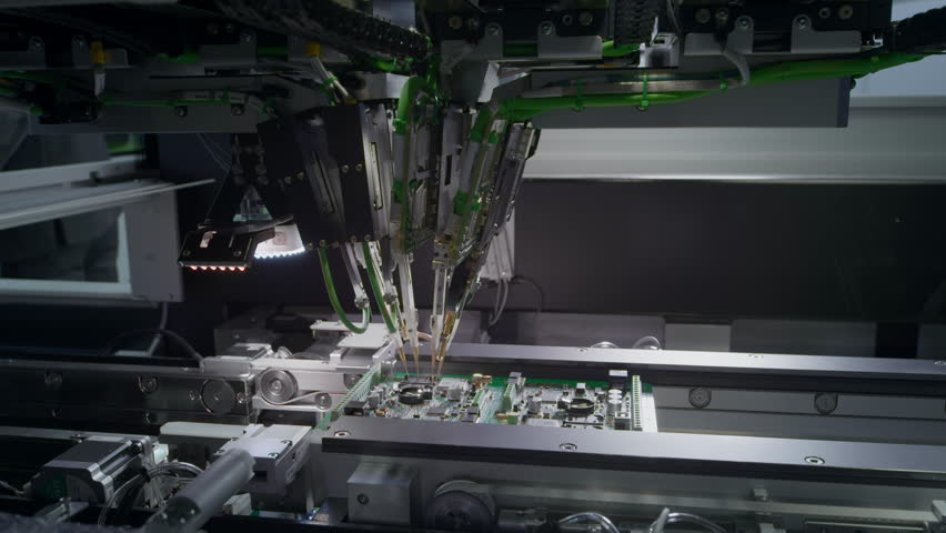Printed circuit boards production factory, assembly inside the machine. Technological process. Needle automatic equipment diagnose and test chips and processors. Installation of SMD components