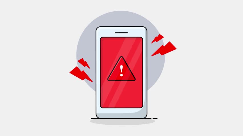 4K Warning Sign on Phone. Alert Concept Animation Video