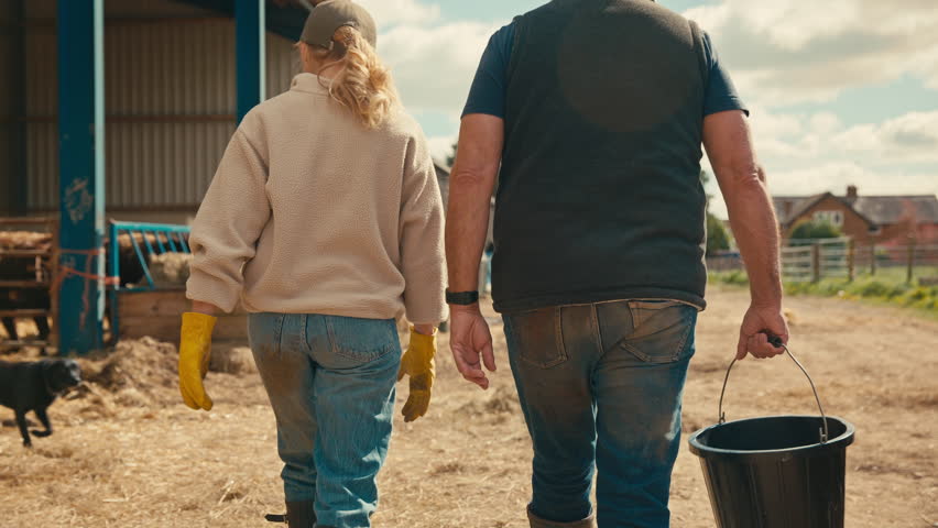 Rear view of male and female farm workers with dog walking across yard past cattle barn at feeding time carrying bucket - shot in slow motion