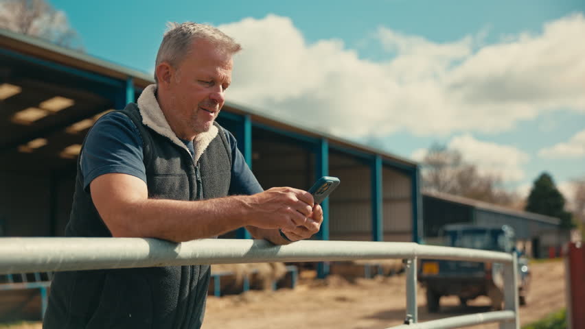 Mature male farm worker standing outside barn leaning on fence looking at mobile phone - shot in slow motion