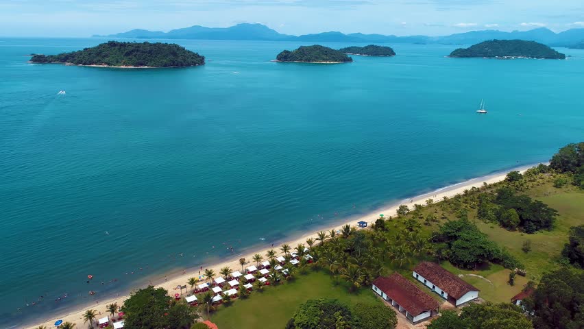 Paraty Skyline At Paraty Rio De Janeiro Brazil. Bird Eye View Of A Amazing Coastal Beach In The Summer Holiday. Coast Clouds Sky Seaside Summertime. Coast International Seaside Beach Panoramic.
