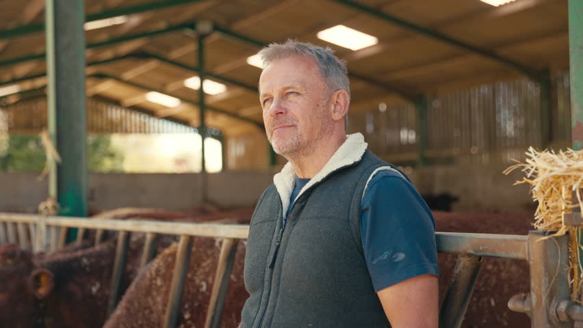 Portrait of smiling mature male farm worker standing with cattle in barn - shot in slow motion