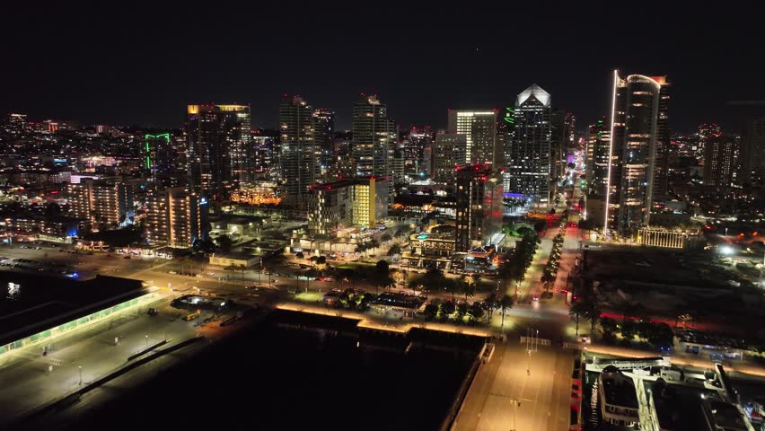 San Diego Night At San Diego California United States. Birds Eye View Of Stunning Cityscape With Streets And Buildings. Night Town Sky Illuminated Urban. Town Illuminated Downtown Panoramic City.