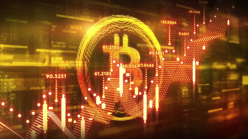 Bitcoin cryptocurrency on the background of digital space.