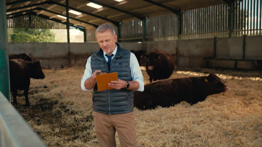 Portrait of smiling mature male farm worker or manager with digital tablet standing with cattle in barn - shot in slow motion