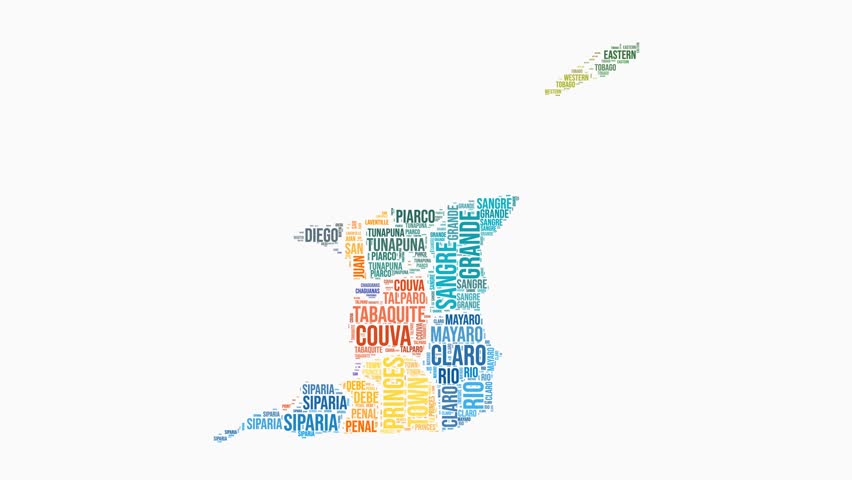 Trinidad and Tobago regions word cloud animation. Country logo animated video. Trinidad and Tobago colored text cloud. Regions typography style motion graphics. Beautiful video.