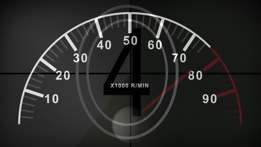 Tachometer animation displaying RPM levels from 0 to 90 over dark background. Speedometer, gauge, rev counter, dashboard, measurement, mechanics