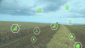 Agricultural data processing animation over combine harvester in wheat field. Agriculture, farming, technology, data analysis, automation, innovation - Powered by Shutterstock - Get 15% off with code: PIKWIZARD15