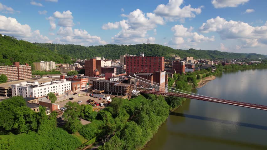 West virginia - 6.24.2024 - good aerial footage moving over bridges on the monongahela river and into wheeling, west virginia.